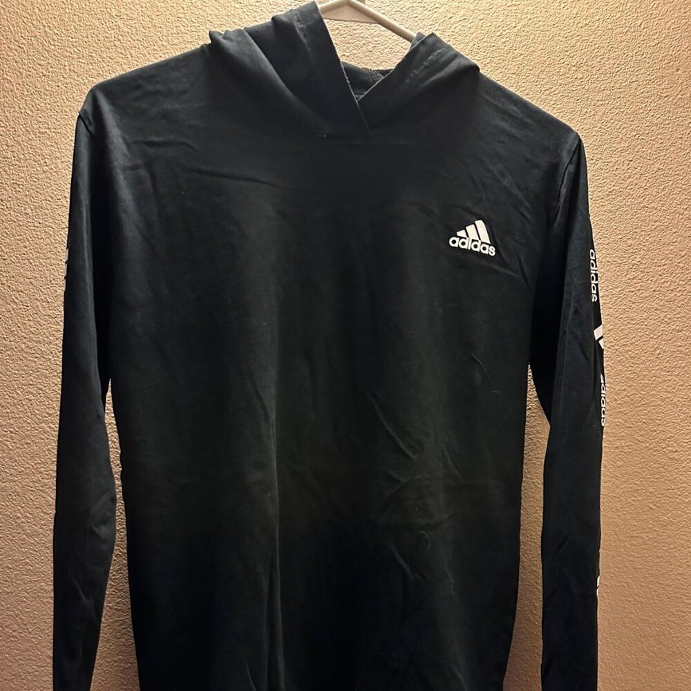 Adidas Shirt MENS Small Black White Long Sleeve Hoodie Lightweight